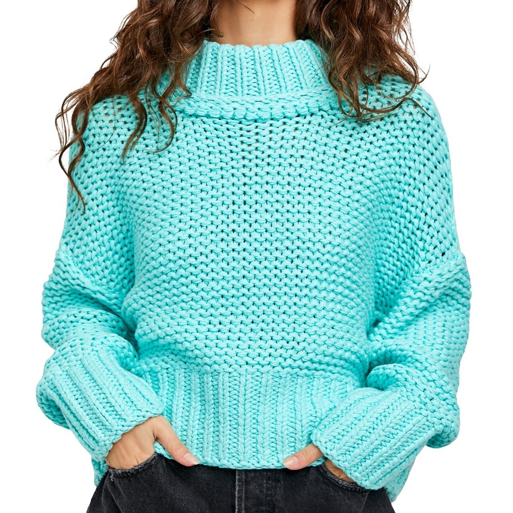 Free People Cowl Neck Chunky Knit Aqua Sweater - Picture 1 of 7